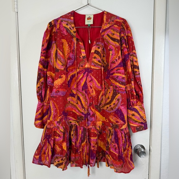 Farm Rio banana juice, pink and red, tropical, long sleeve tiered, mini dress L - Picture 4 of 12